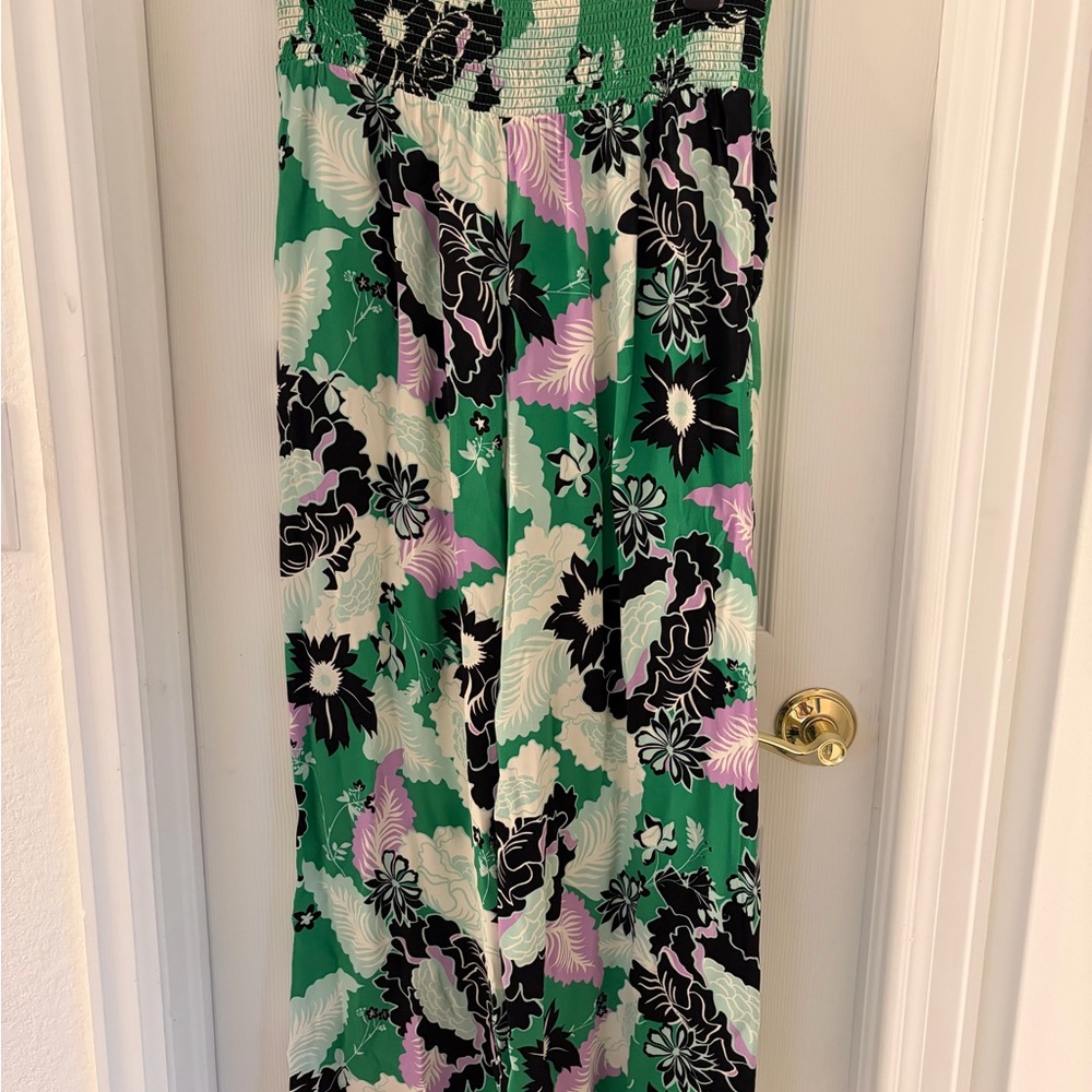 Anthropologie Green Floral Wide-Leg Jumpsuit